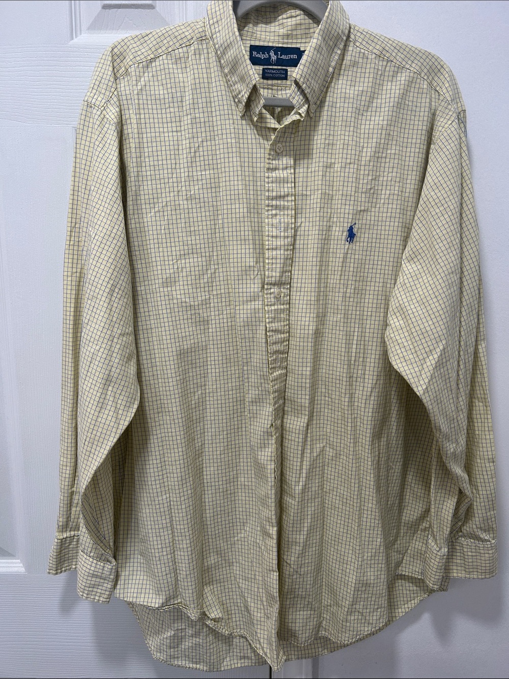 Ralph Lauren Men's Pale Yellow and Blue Check Button-Down Shirt